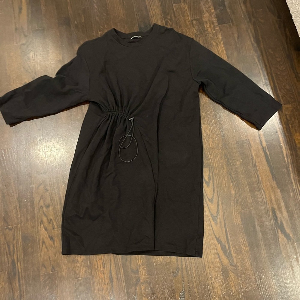 ZARA WOMENS KNEE LENGTH LONG SLEEVE BLACK ADJUSTABLE WAIST DRESS SIZE LARGE